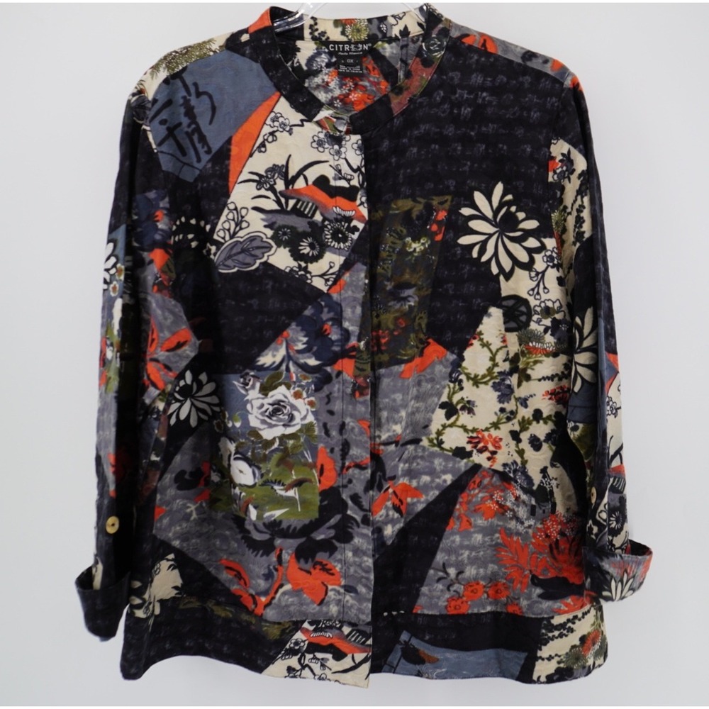 Citron Santa Monica Silk Blend Patchwork Asian Floral Print Blouse Navy 0X